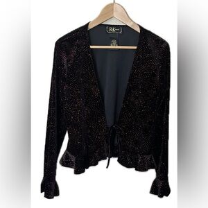R & K Evening blouse black velvet red sparkles tie front ruffle sleeves size 8